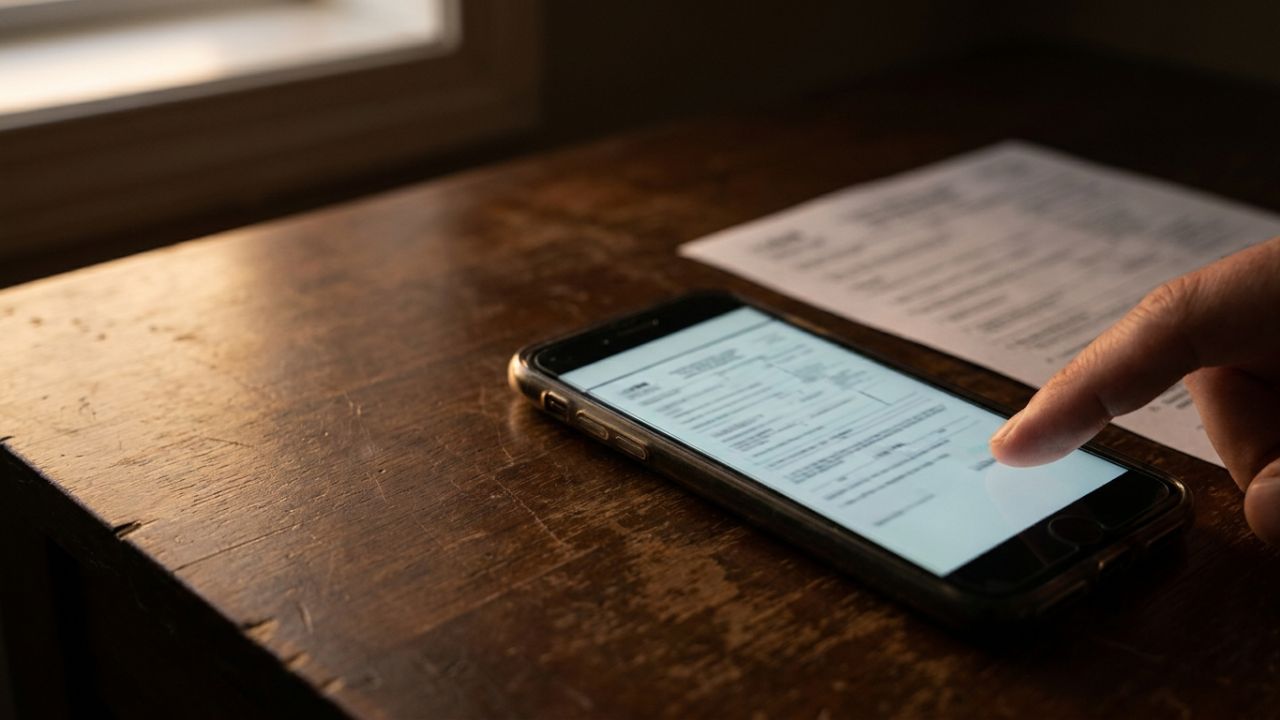 A smartphone photo-editing app open on a desk next to a printed form