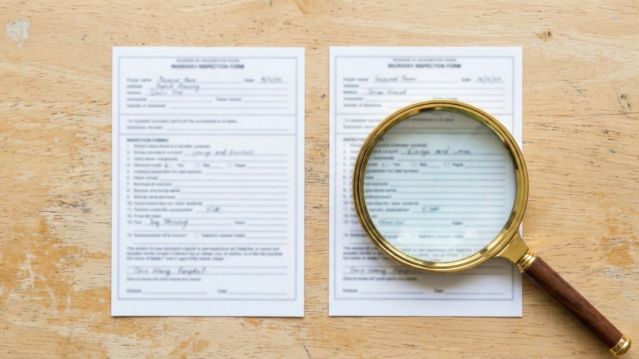 Two nearly identical printed forms side by side on a desk with a magnifying glass