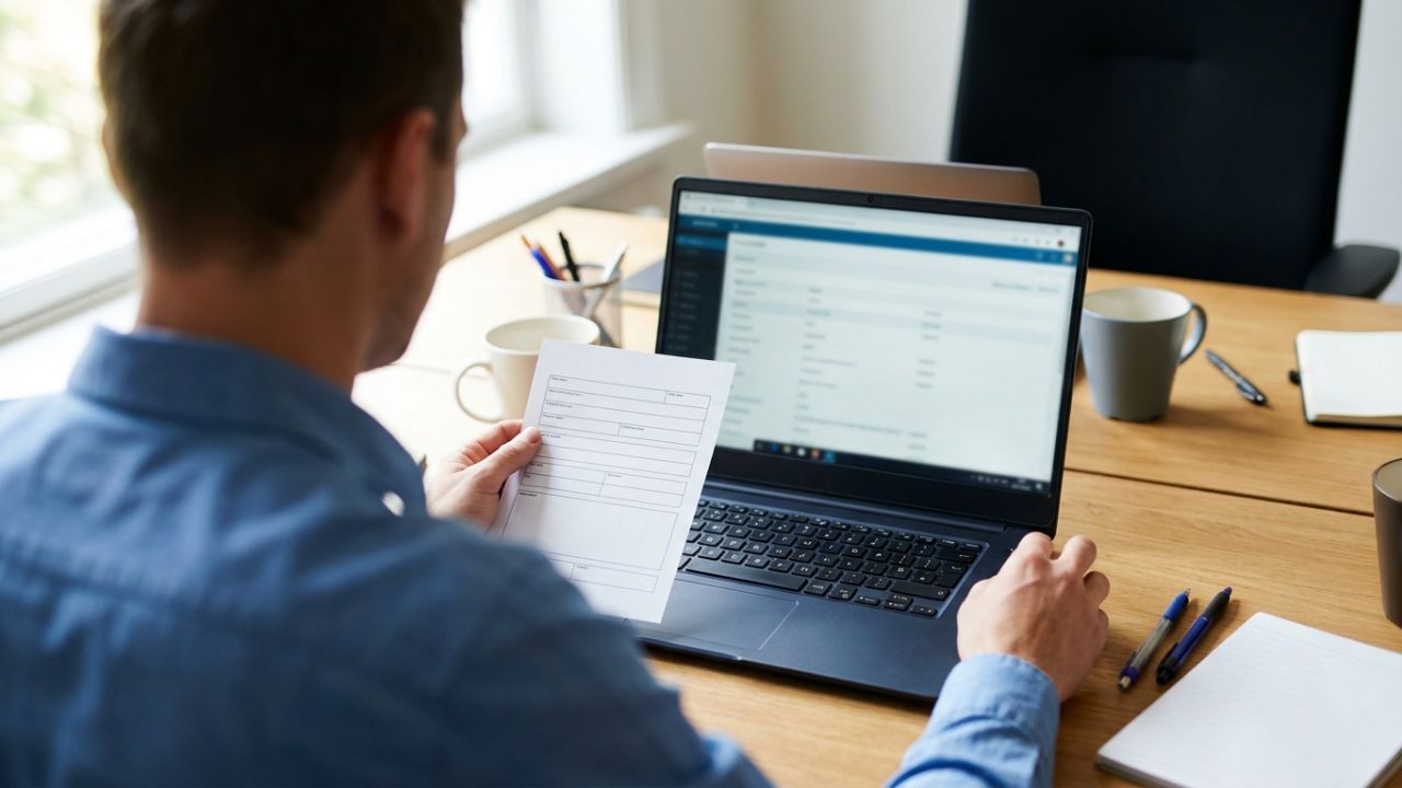 A person compares a printed form in their hand with a record on a laptop screen