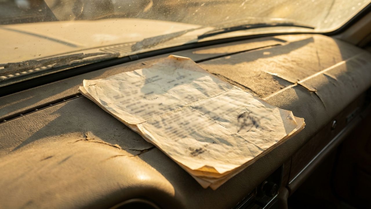 An old, creased car inspection form lying on a dashboard