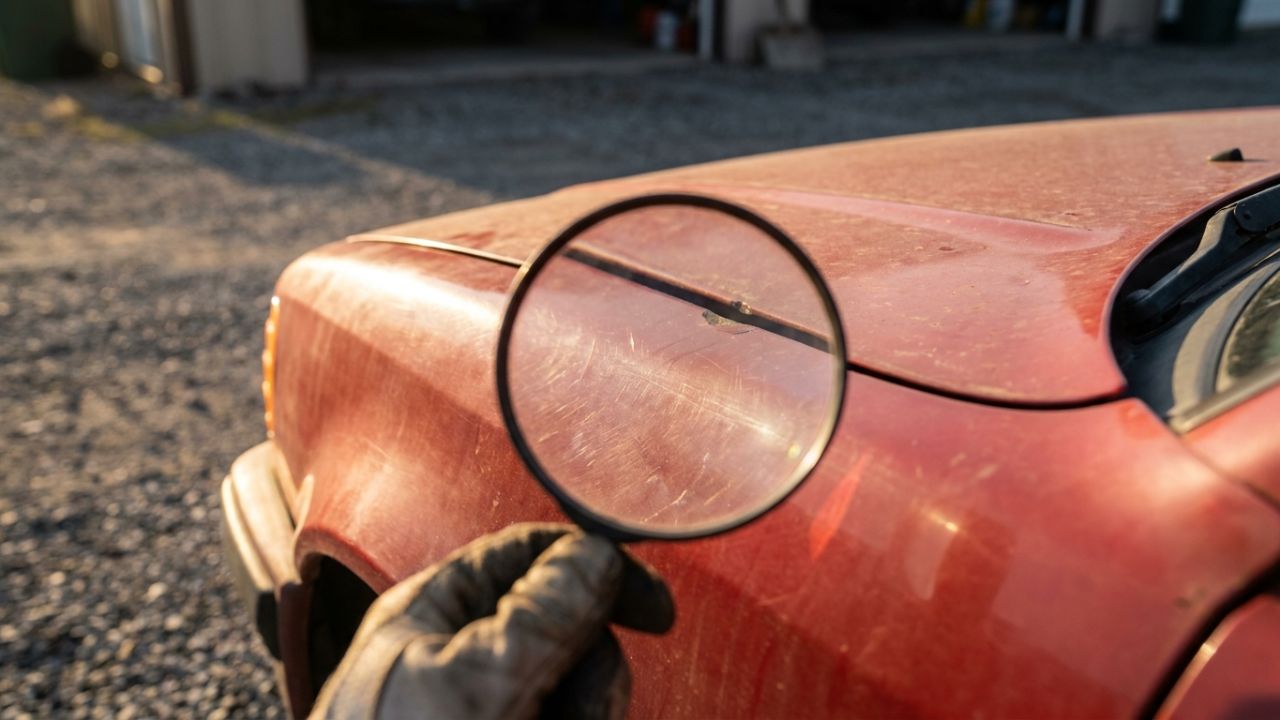 A magnifying glass over a car's paintwork showing fine scratches