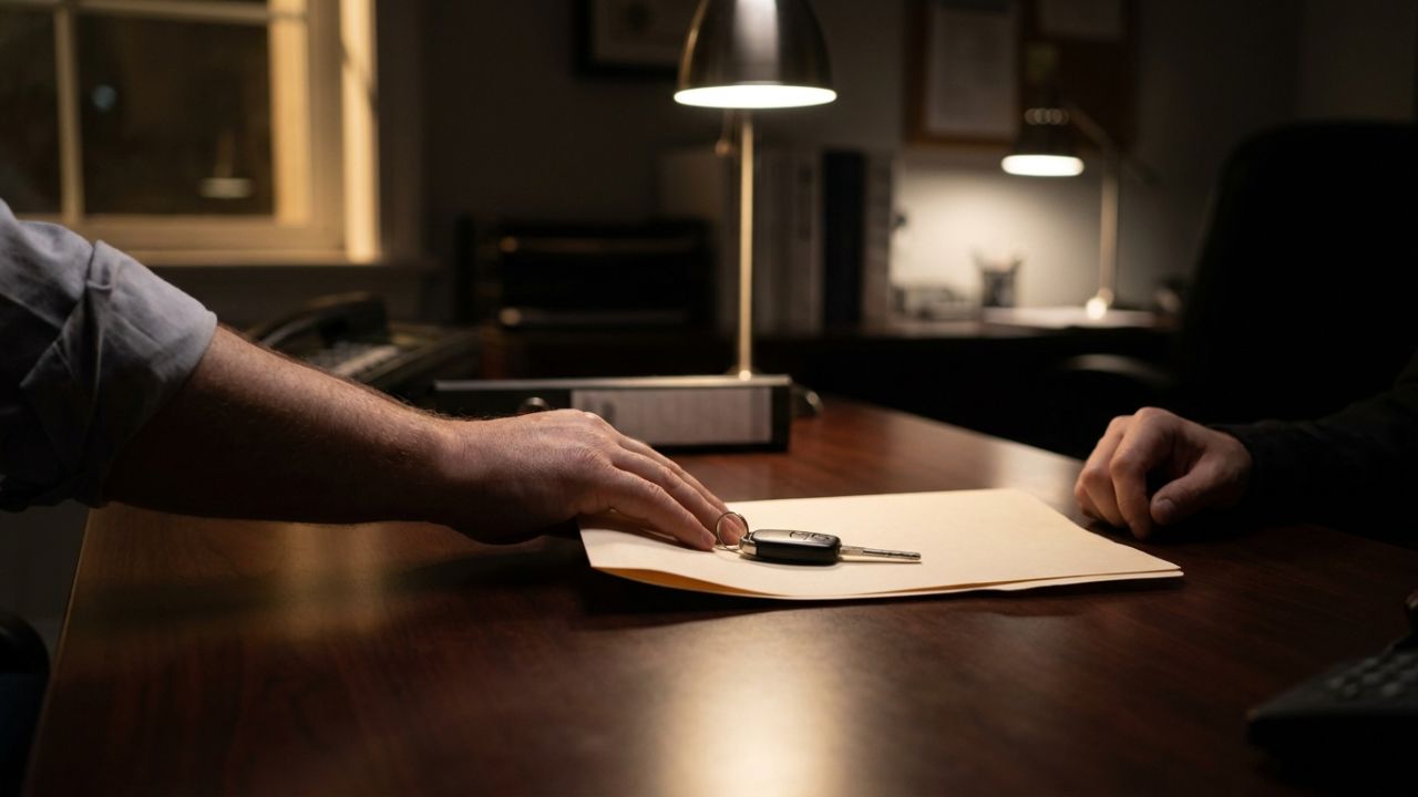 A folded document and a car key passed across a dark table