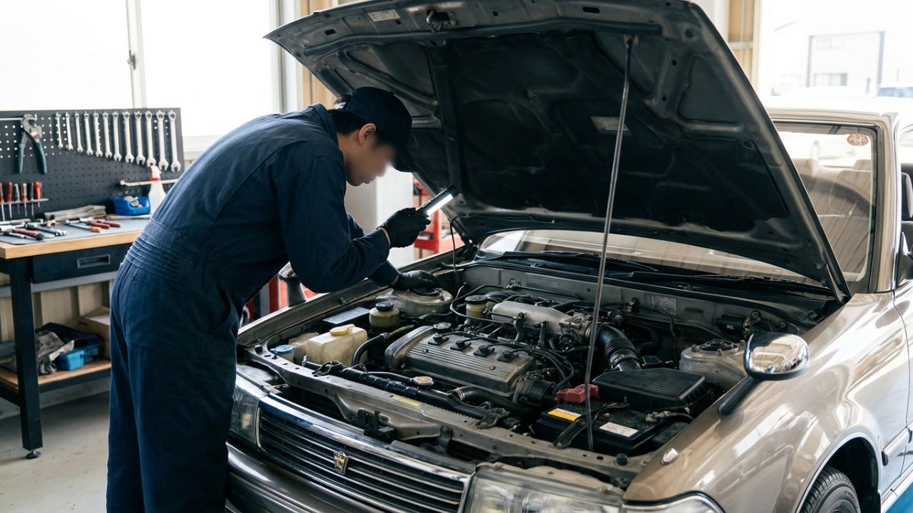 A mechanic inspecting a used car's engine bay with a torch