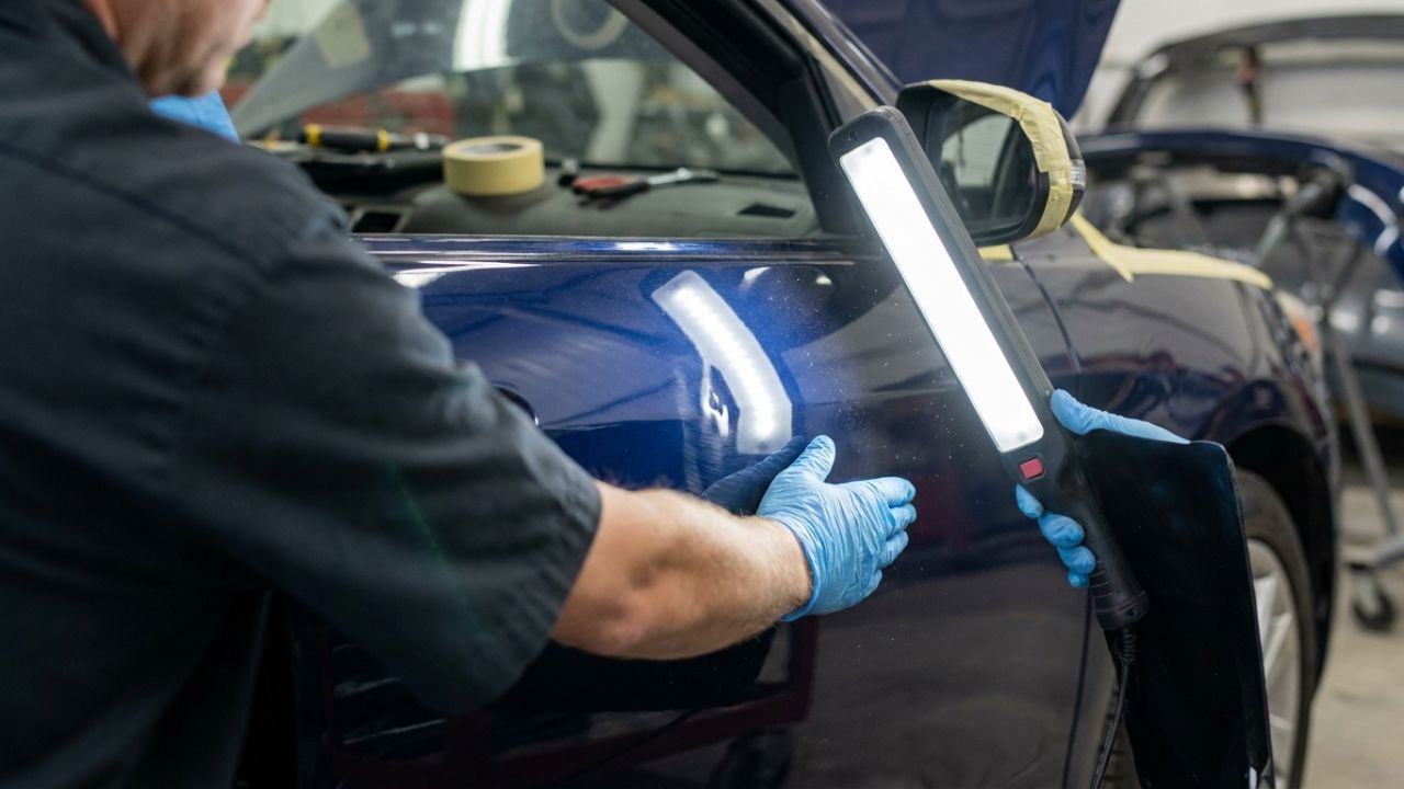 A gloved hand checking a car door panel for signs of past repair