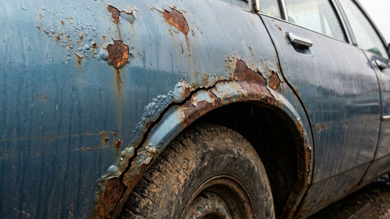 Rust and bubbling paint around the rear wheel arch of an old car