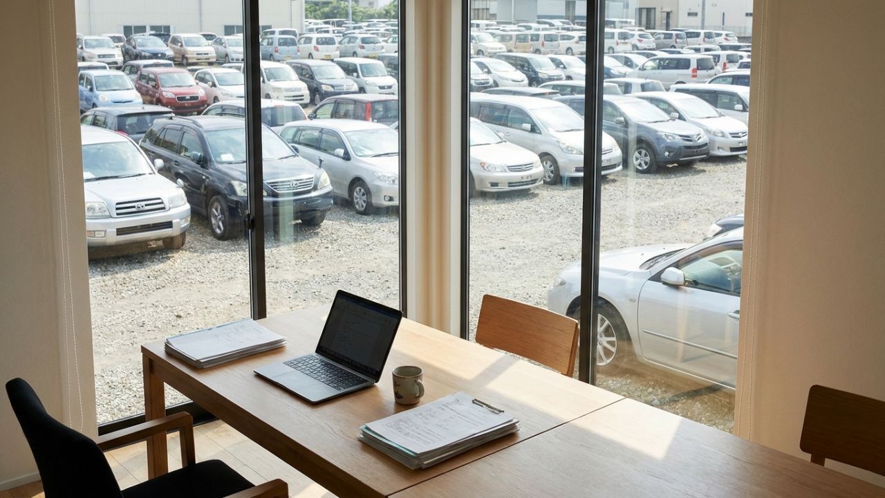 A car export office overlooking a yard of used Japanese cars