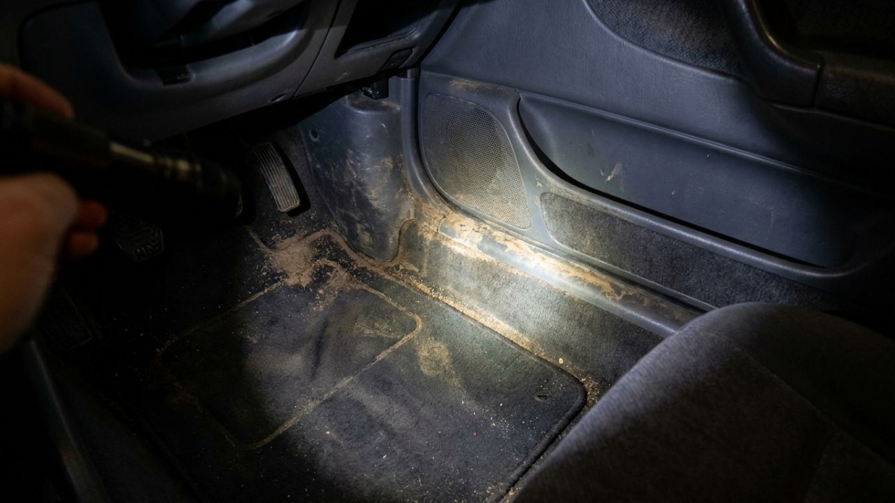 Water line and silt stains on the carpet of a used car