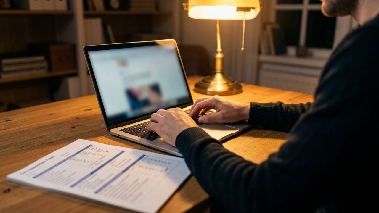 A buyer checking a car's auction record on a laptop beside a printed inspection form