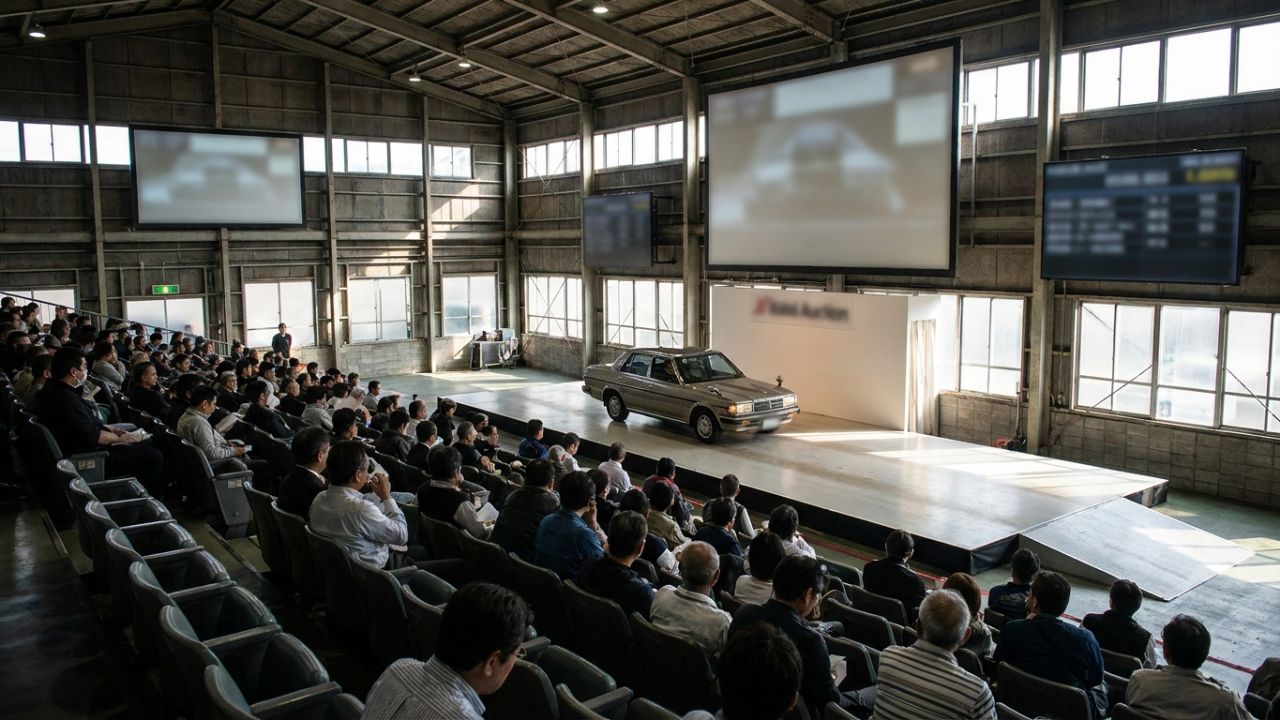 A large indoor Japanese car auction hall with bidding screens