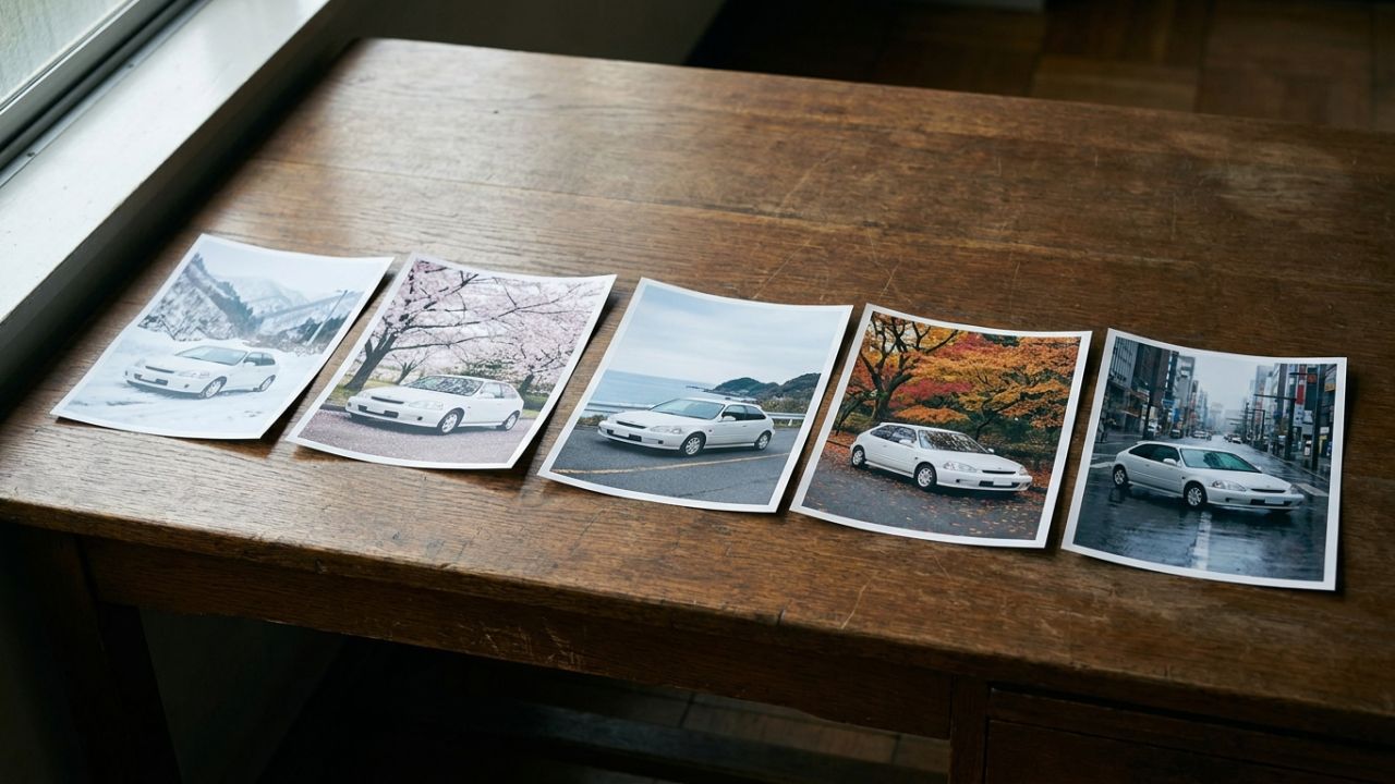 Printed photos of the same white hatchback taken at different times