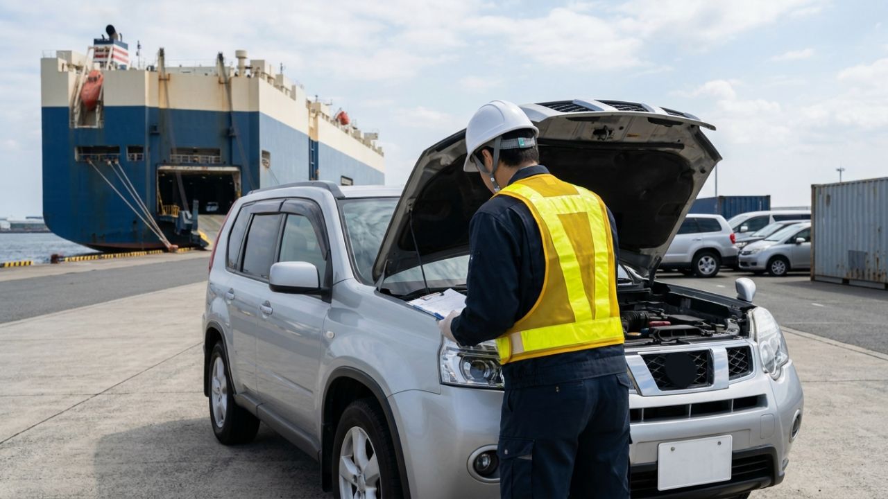 An inspector checking a silver SUV at a Japanese export port