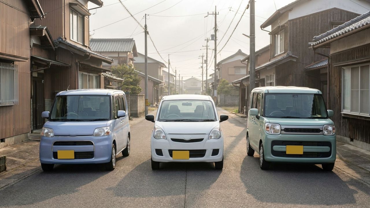 Three small Japanese kei cars parked in a row on a quiet street