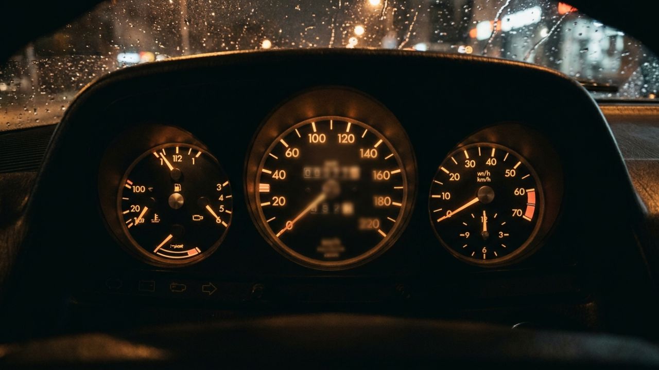 Close-up of a car instrument cluster at night with the odometer out of focus