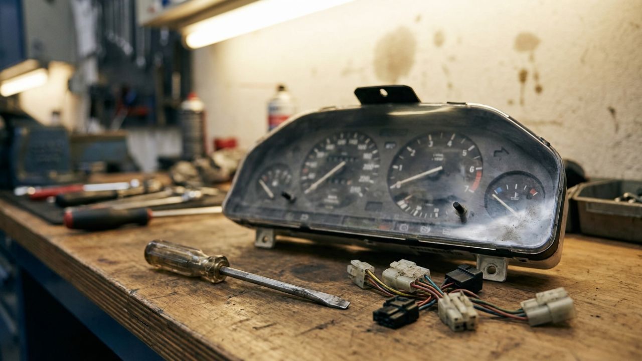 A removed car instrument cluster lying on a mechanic's workbench next to tools