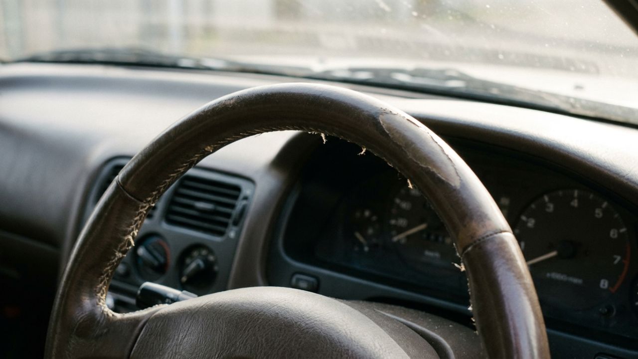 Close-up of a worn leather steering wheel with a shiny, smoothed rim