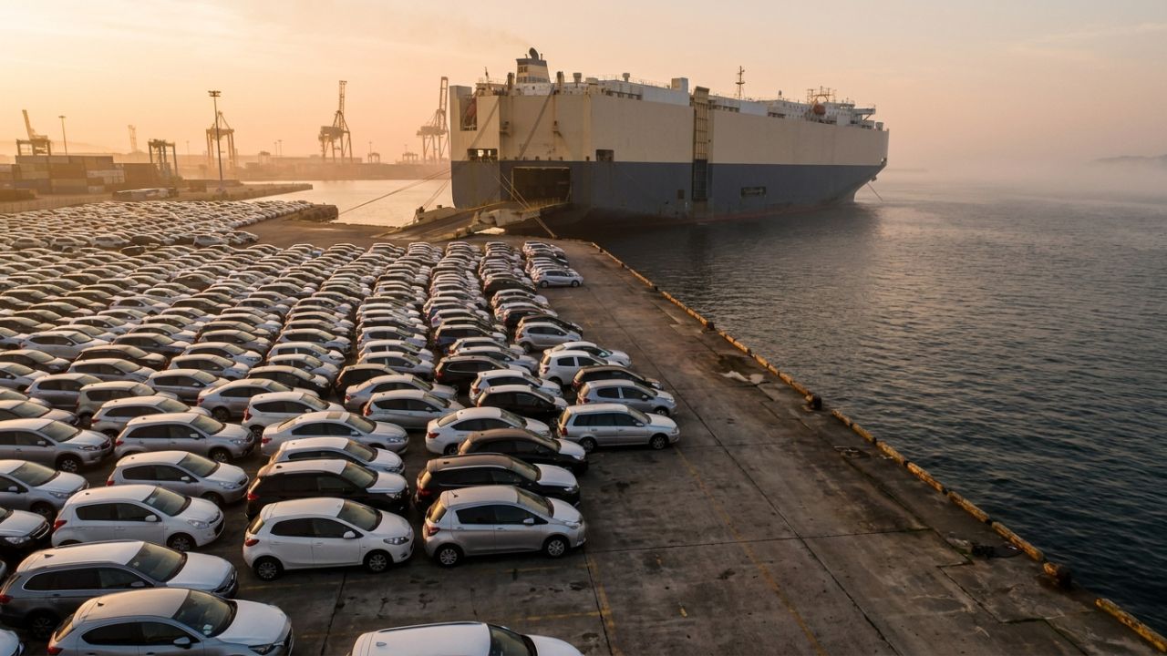Rows of used Japanese cars lined up on a port quay beside a car-carrier ship