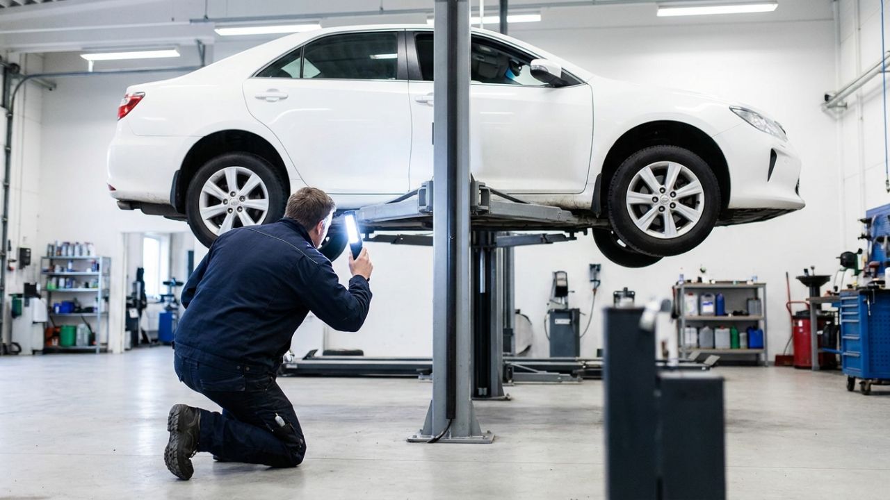 An inspector checks the underside of a used sedan raised on a workshop lift