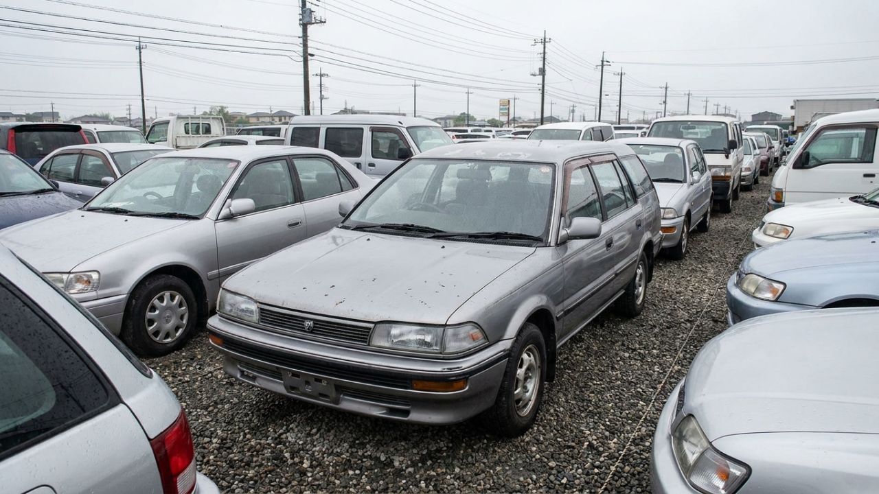 An older silver Japanese station wagon with faded paint parked in an auction yard