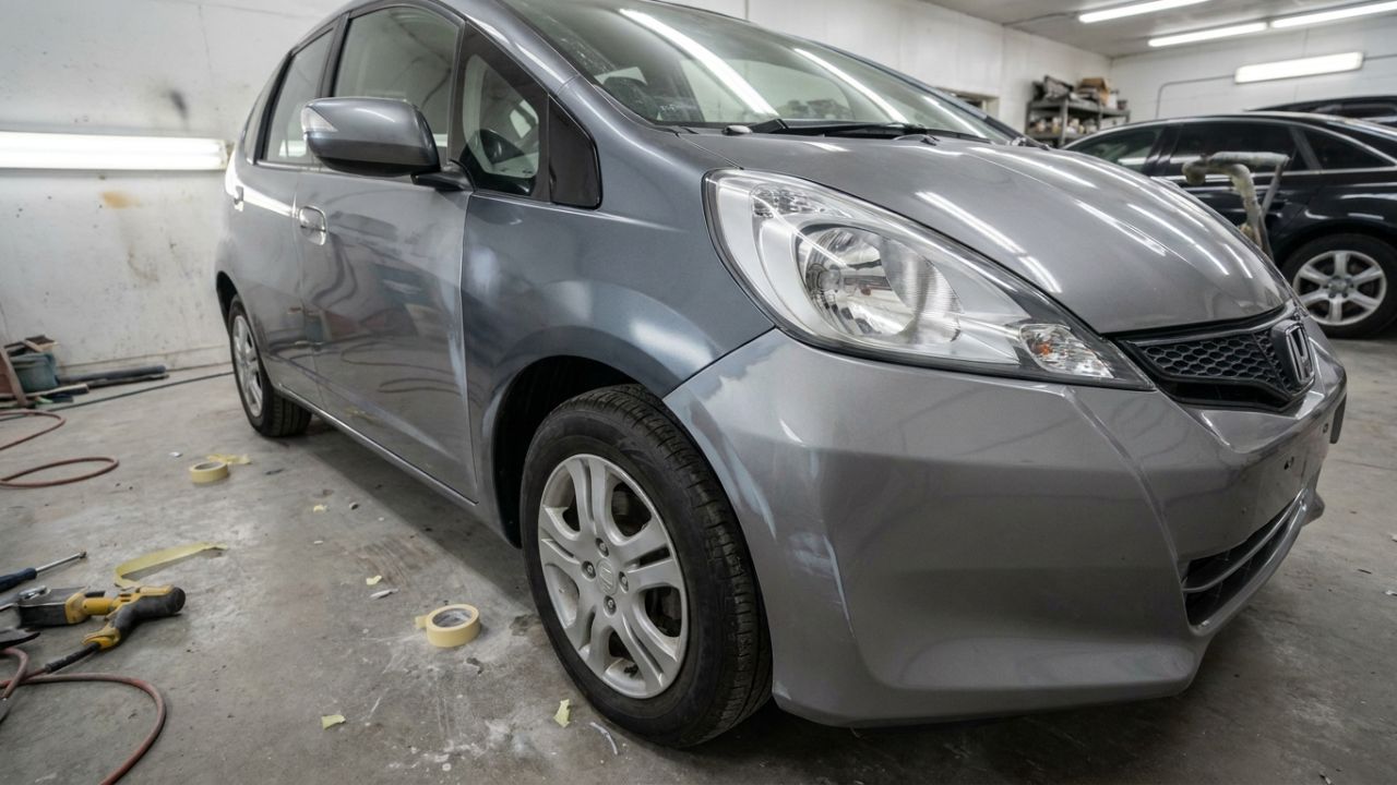 A repaired front wing on a grey hatchback with a slight paint mismatch