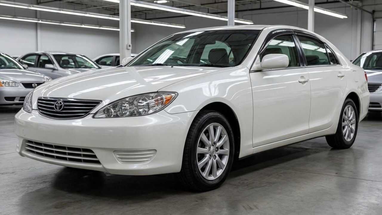 A spotless pearl-white sedan under lights in an auction inspection hall