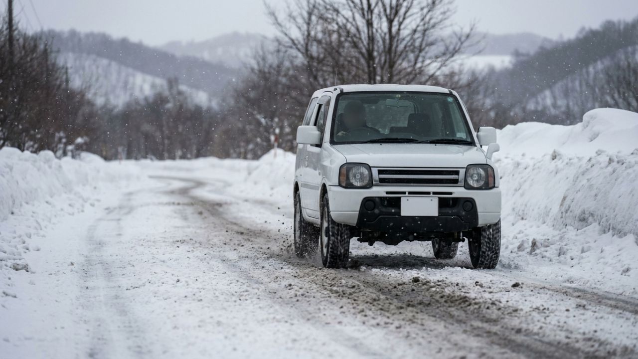 A white compact SUV driving on a snowy road with high snow banks in northern Japan