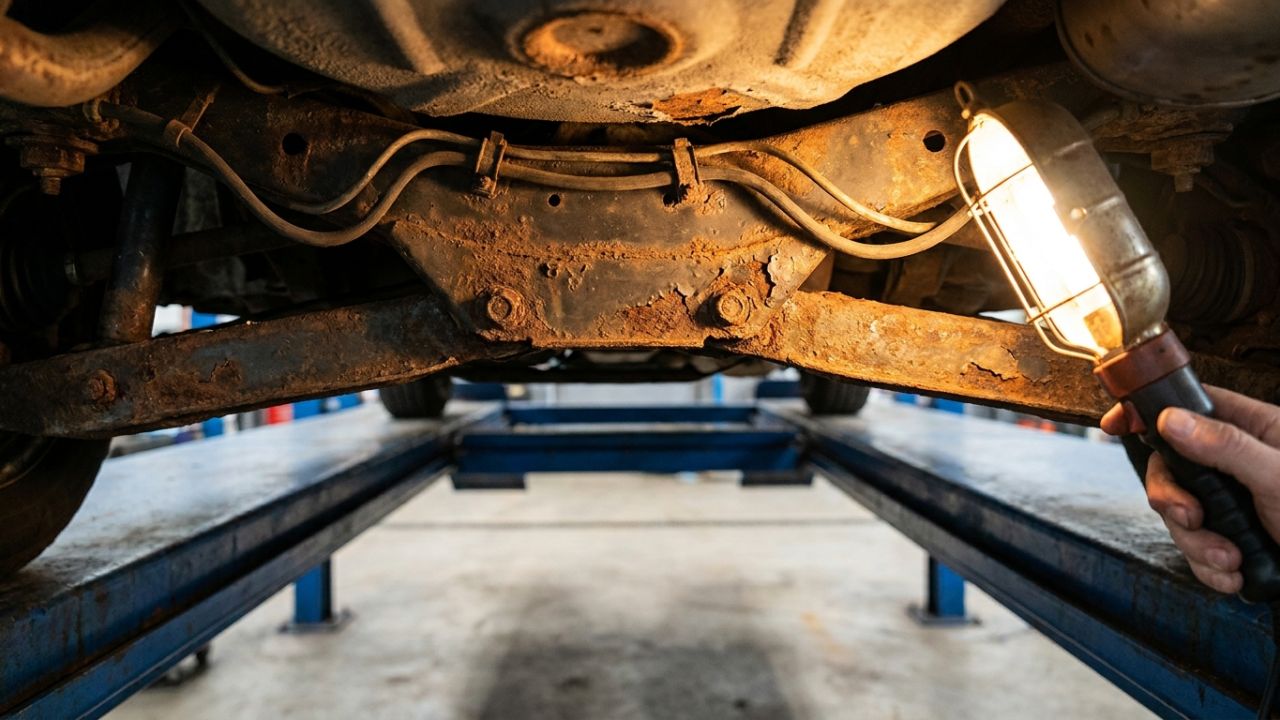 Surface rust on a car's chassis rail and suspension parts seen from underneath on a lift