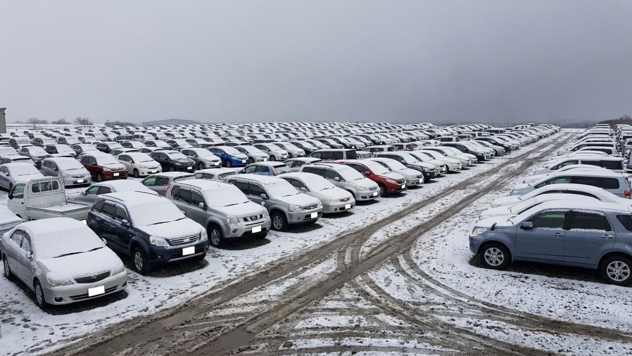 Rows of used cars dusted with snow at an outdoor auction yard in northern Japan