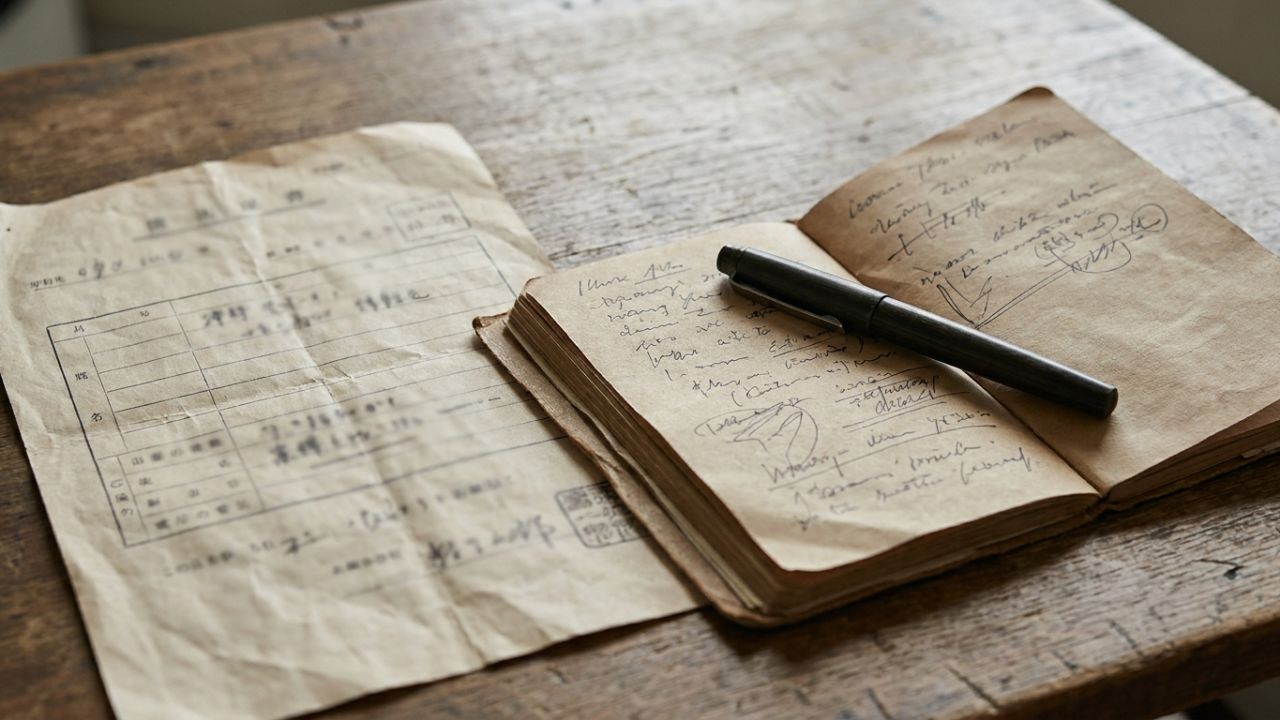 A Japanese car inspection form next to a notebook of translation notes