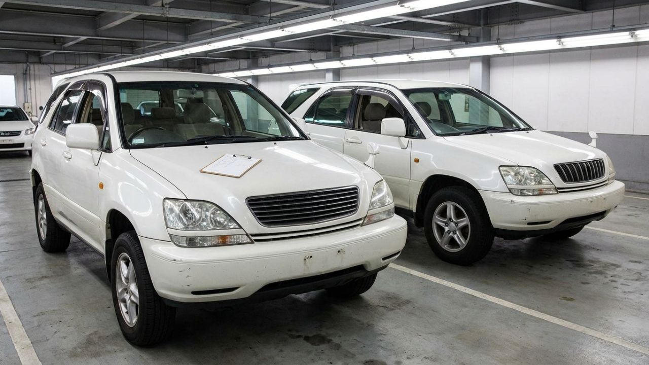Two similar white SUVs side by side in an auction inspection lane