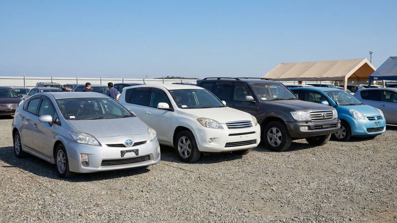 A row of popular used Japanese cars at an auction yard