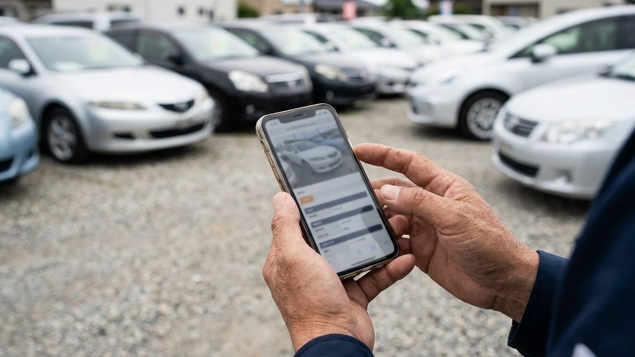 Hands holding a phone showing a vehicle report in a used-car yard