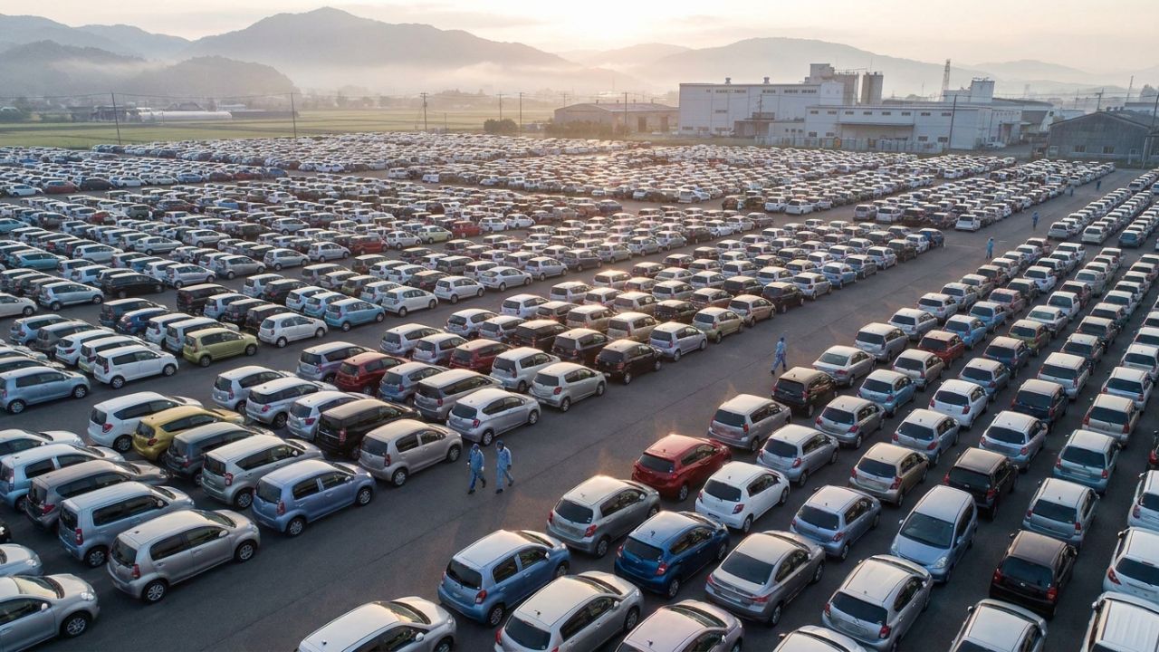 Hundreds of used cars in rows at a Japanese auction yard