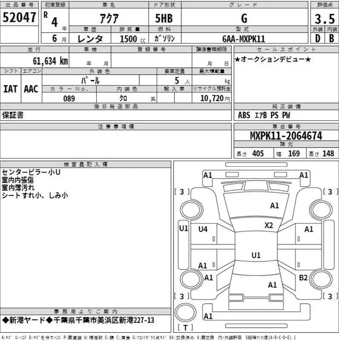 Grade 3.5 TAA Kanto Lot 52047 Toyota Aqua G